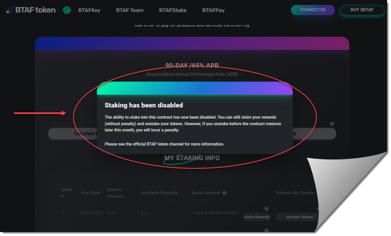 ❗️ Staking in the current 90-day / 65% APR contract has been disabled.