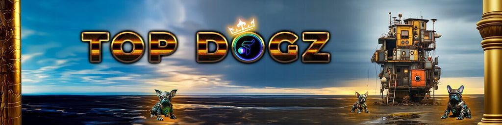 Top Dogz banner featuring three robotic bulldogs beside a futuristic coastal tower